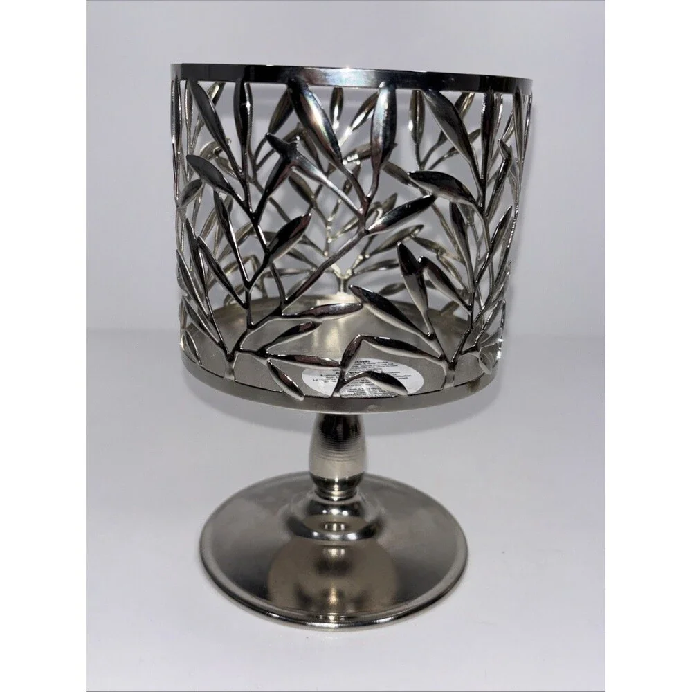 Bath & Body Works Vine Leaf Pattern Silver 3-Wick Pedestal 14.5 oz Candle Holder